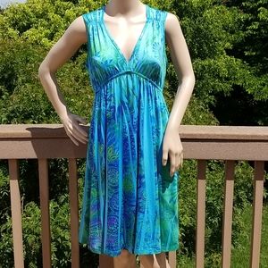 APT 9 FLORAL V-NECK SLEEVELESS SUNDRESS, MIDI LENGTH BLUE, GREEN DRESS, MEDIUM